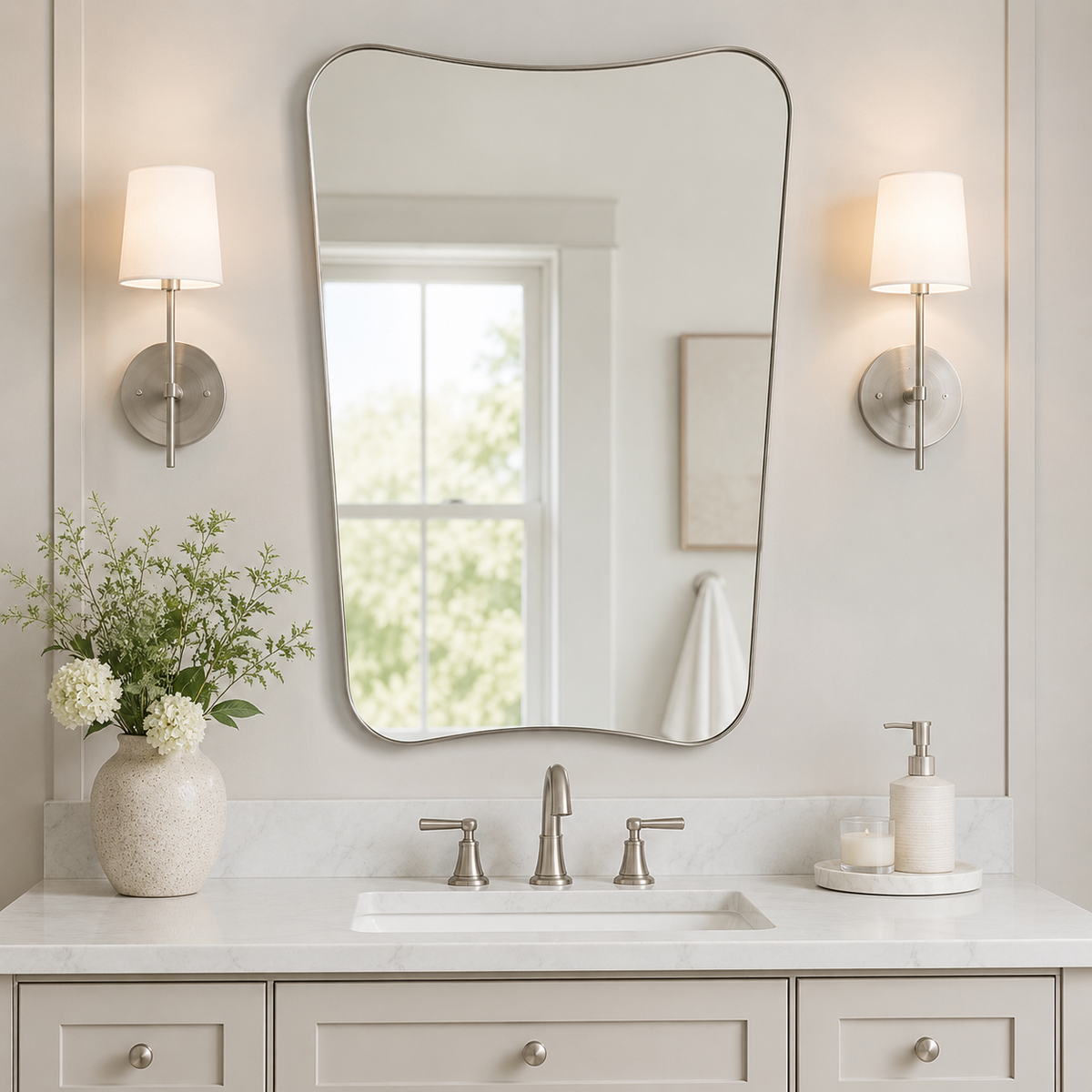 Italian Luxury Style Irregular Scalloped Wall Mirror for Bathroom  |Stainless Steel Frame