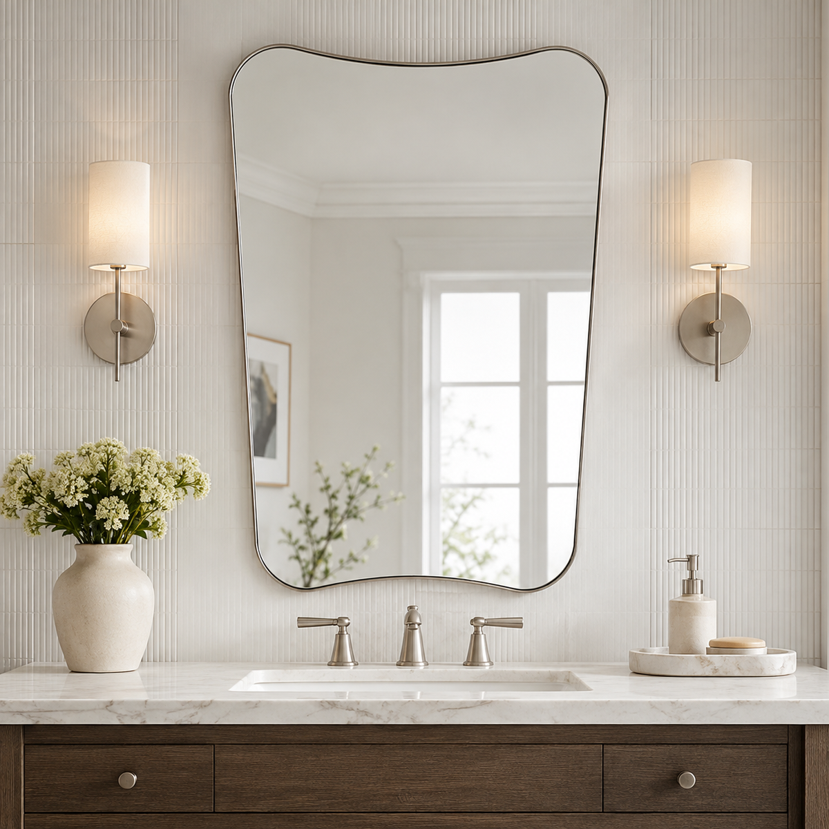 Italian Luxury Style Irregular Scalloped Wall Mirror for Bathroom  |Stainless Steel Frame