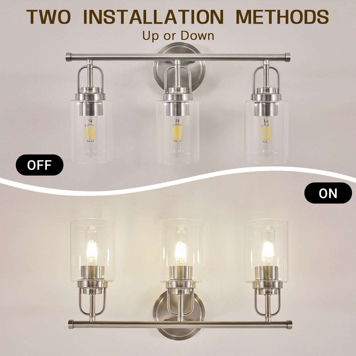 Transitional Cylindrical Clear Glass Shade Bathroom Vanity Light