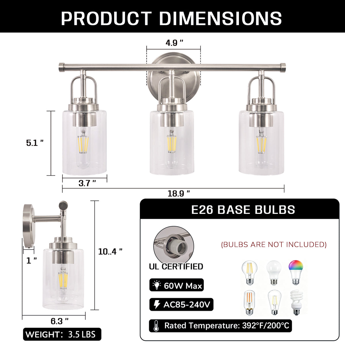 Transitional Cylindrical Clear Glass Shade Bathroom Vanity Light