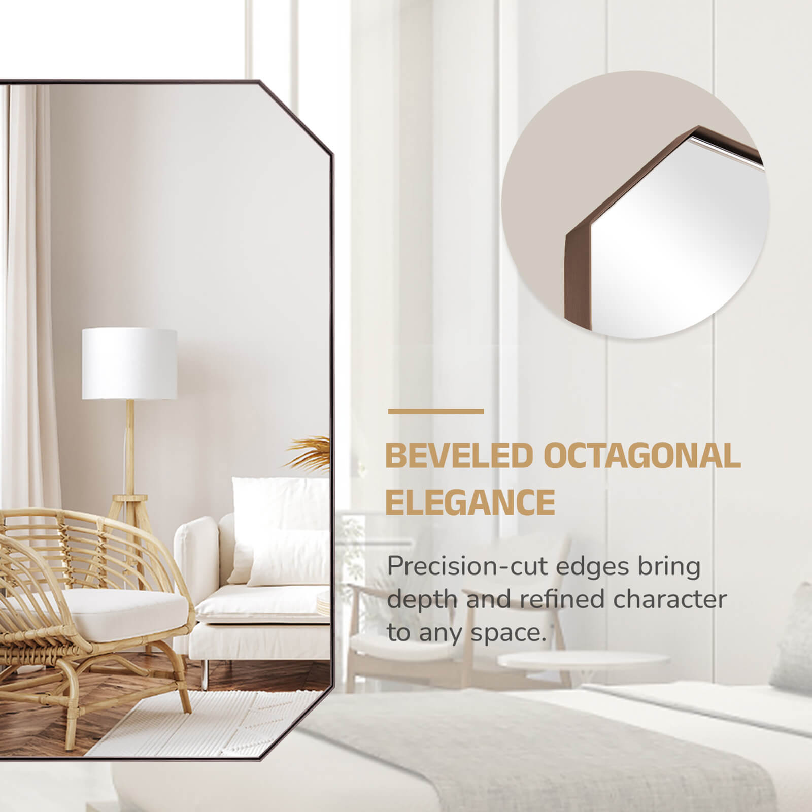 Contemporary Cut Corner Octagonal Scalloped Rectangle Mirror for Bathroom  |Stainless Steel Frame