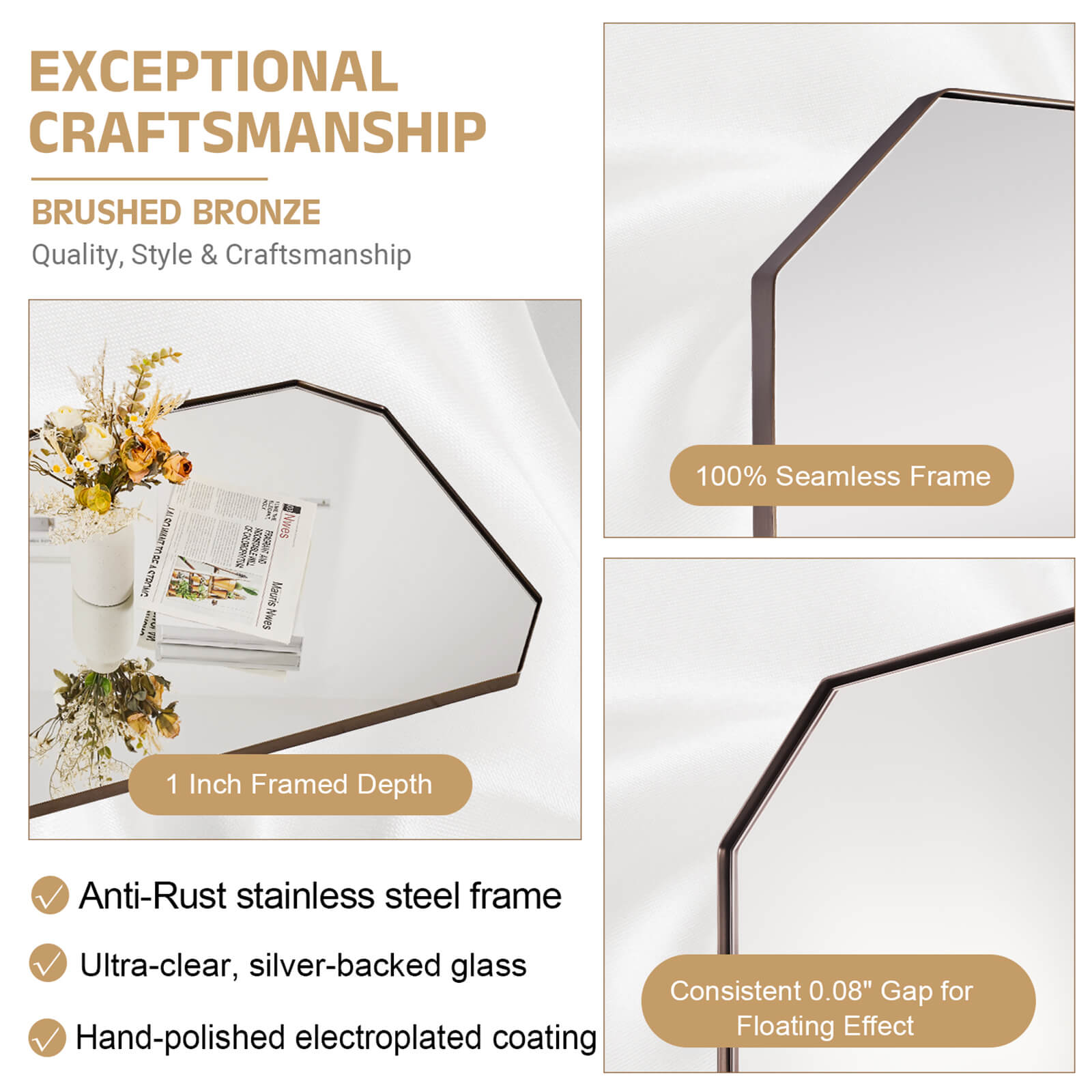 Contemporary Cut Corner Octagonal Scalloped Rectangle Mirror for Bathroom  |Stainless Steel Frame
