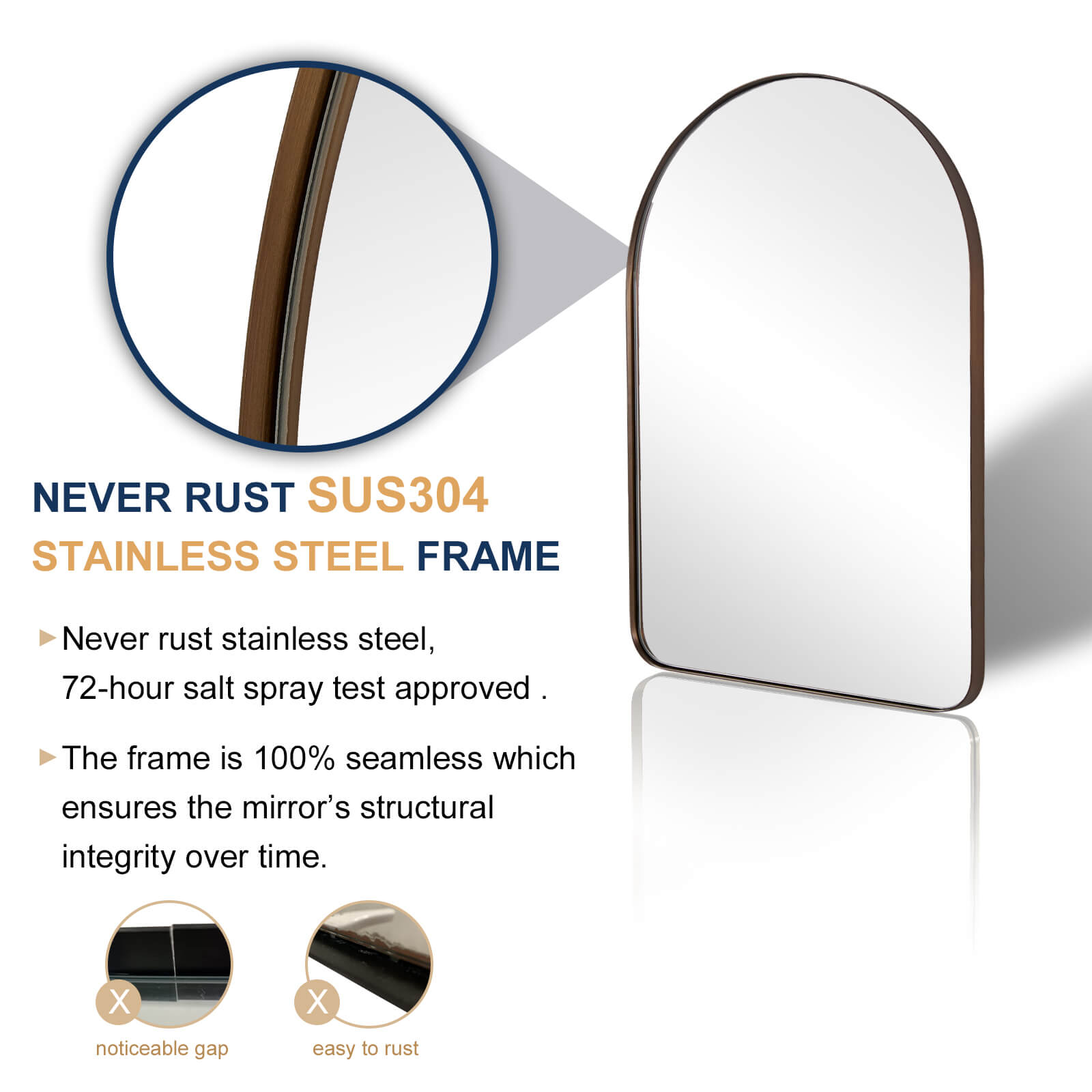 Contemporary Arched Bathroom Vanity Mirror | Stainless Steel Frame