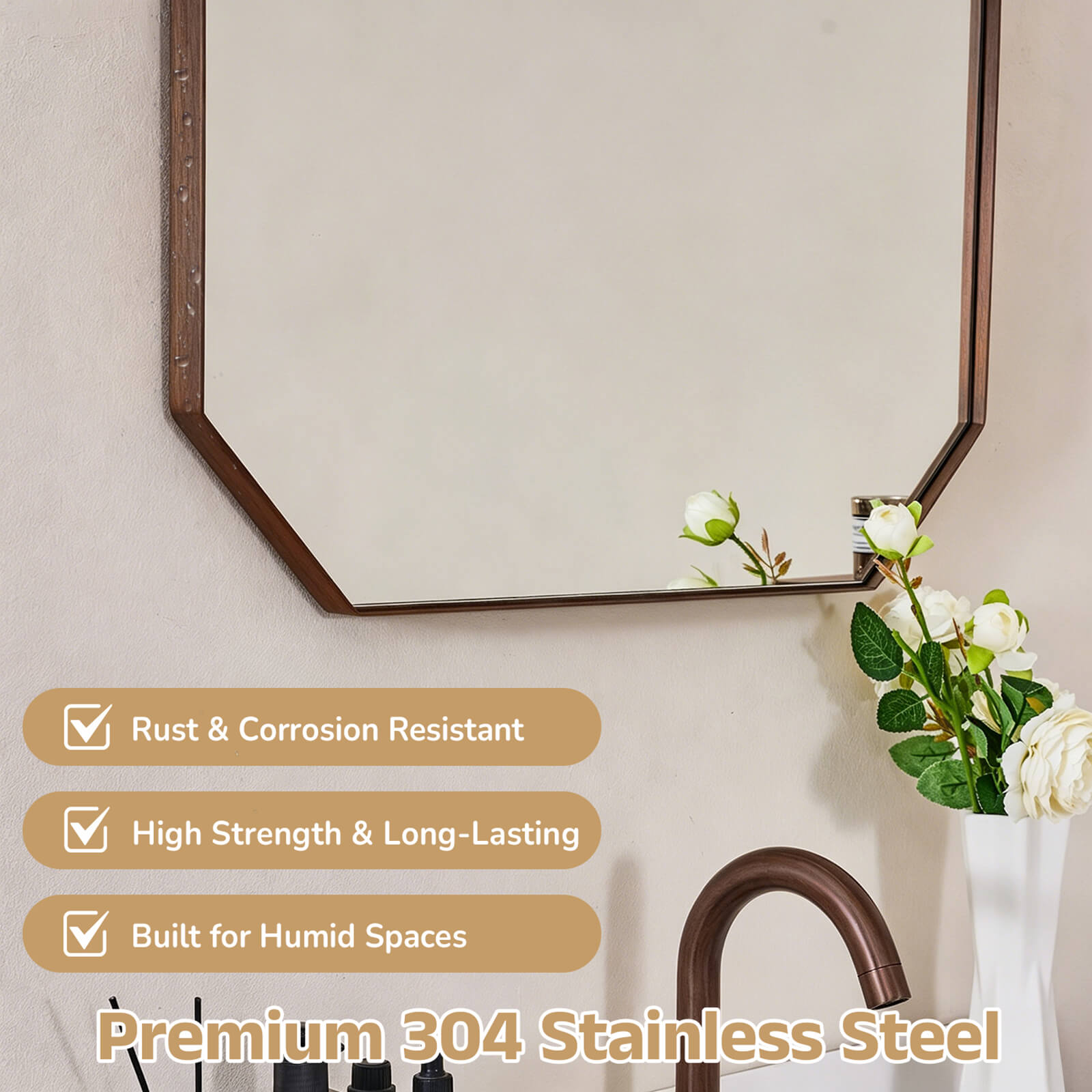 Contemporary Cut Corner Octagonal Scalloped Rectangle Mirror for Bathroom  |Stainless Steel Frame