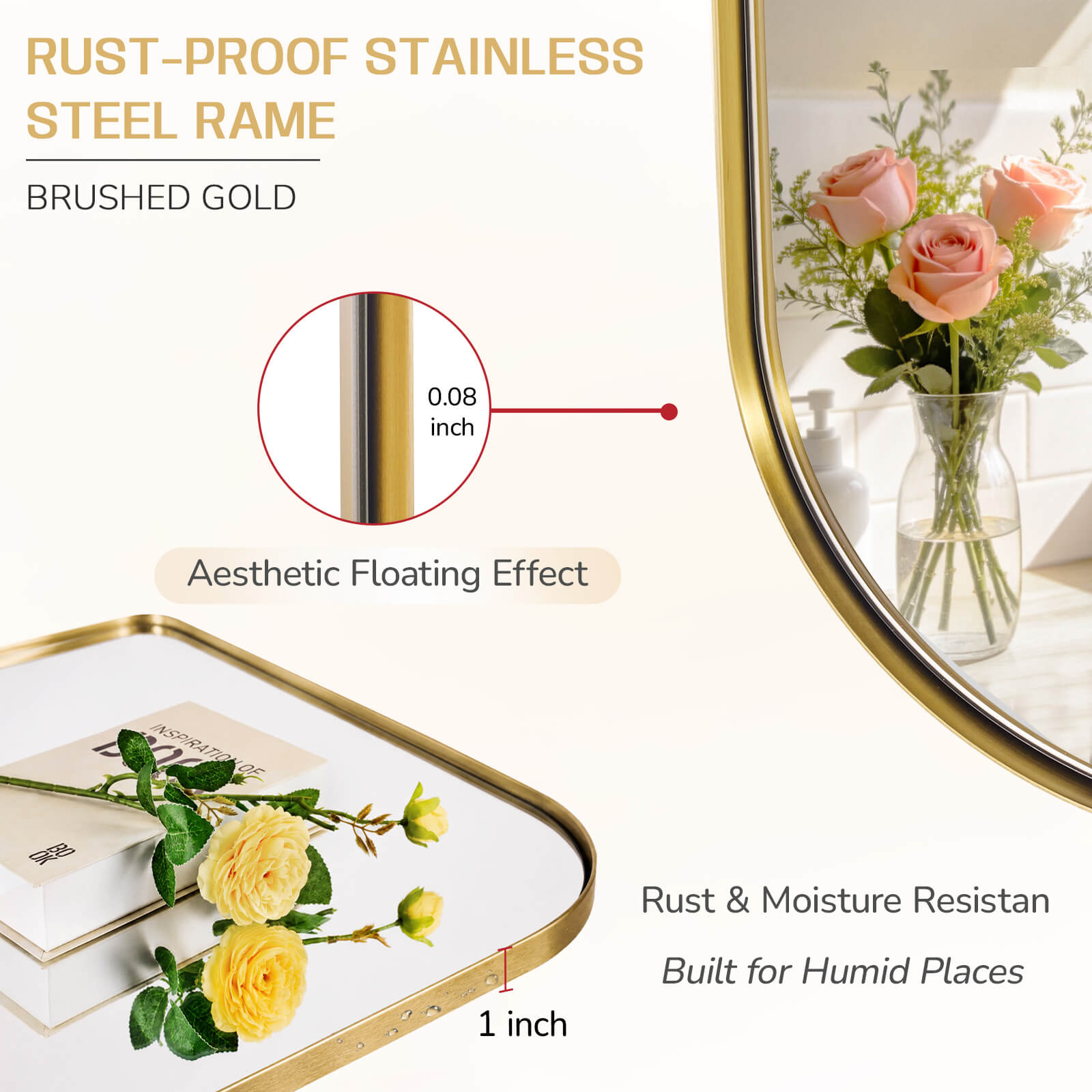 Modern Mantel Wide Arch Rectangle Bathroom Vanity  Mirror | Stainless Steel Frame