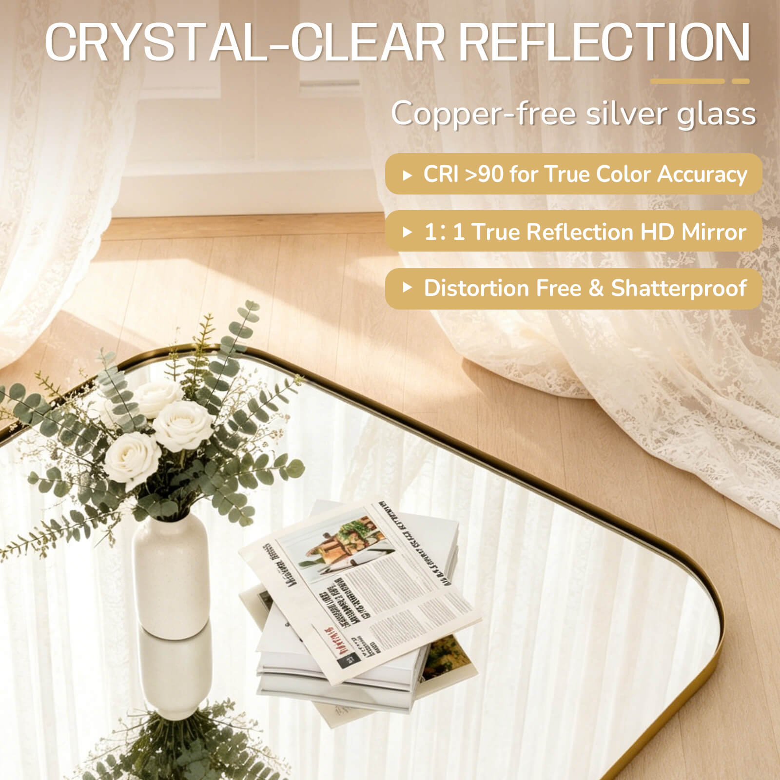 Modern Mantel Wide Arch Rectangle Bathroom Vanity  Mirror | Stainless Steel Frame
