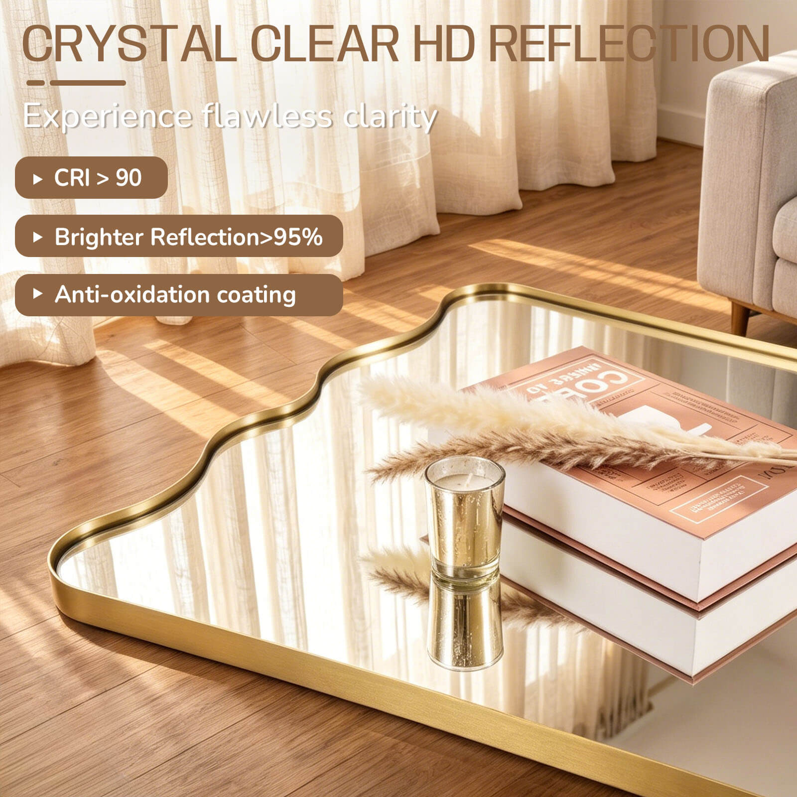 Contemporary Wavy Scalloped Rectangle Mirror Decorative Bathroom Mirror | Stainless Steel Frame