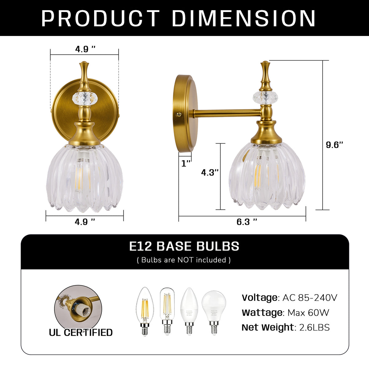 Contemporary Bathroom Vanity Light Fixtures with Tulip Glass Shade Sconces for Bath,Bedroom, Hallway