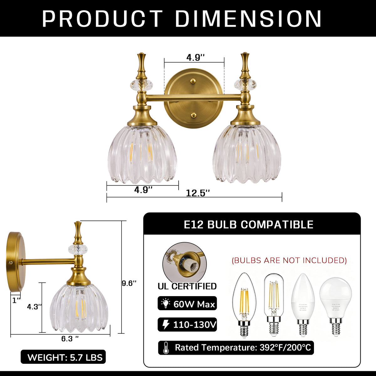 Contemporary Bathroom Vanity Light Fixtures with Tulip Glass Shade Sconces for Bath,Bedroom, Hallway