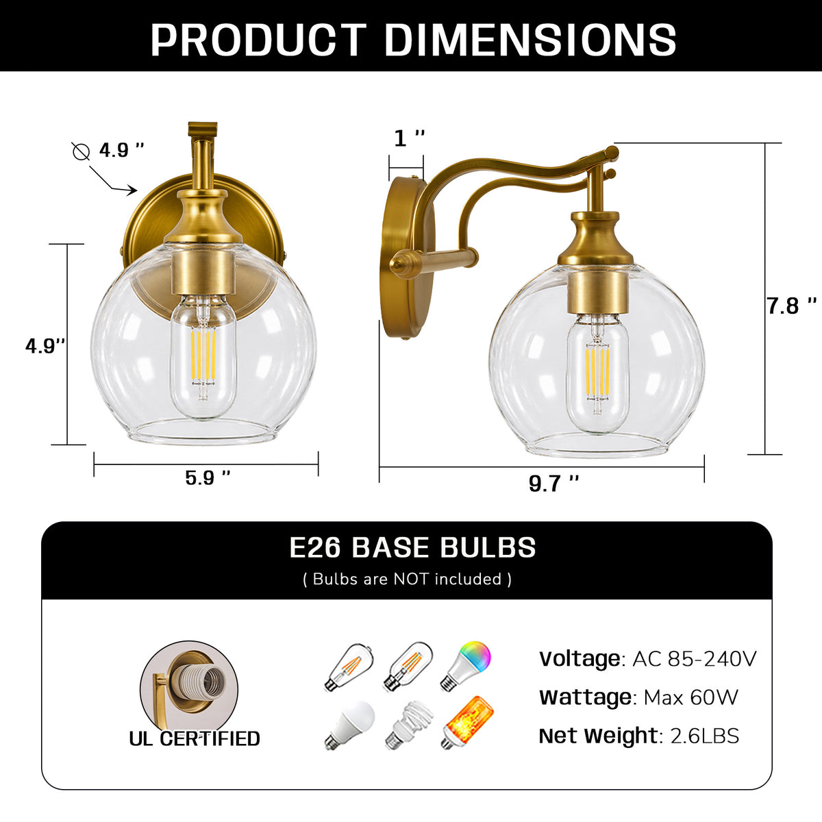 Modern Clear Globe Glass Shade Metal Crank Frame Bathroom Sconces