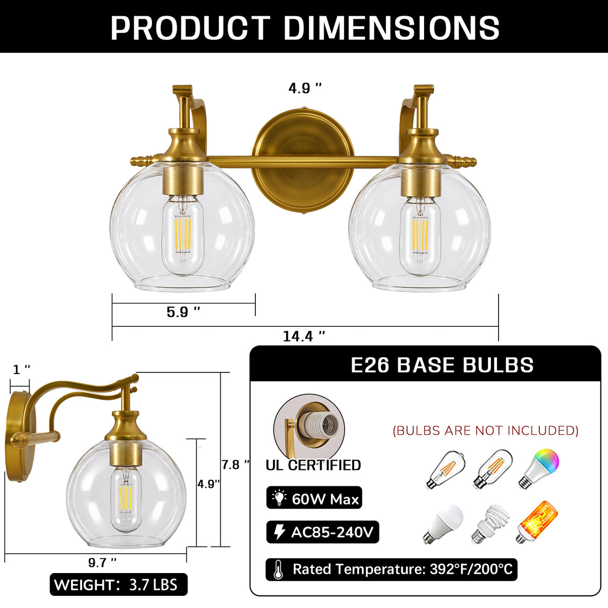 Modern Clear Globe Glass Shade Metal Crank Frame Bathroom Sconces