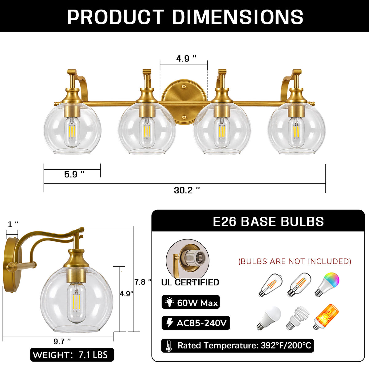 Modern Clear Globe Glass Shade Metal Crank Frame Bathroom Sconces