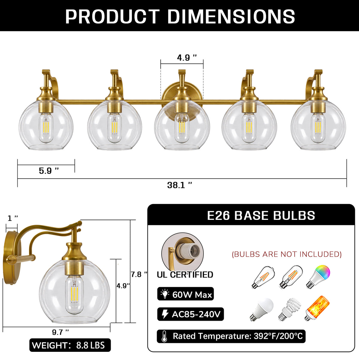 Modern Clear Globe Glass Shade Metal Crank Frame Bathroom Sconces