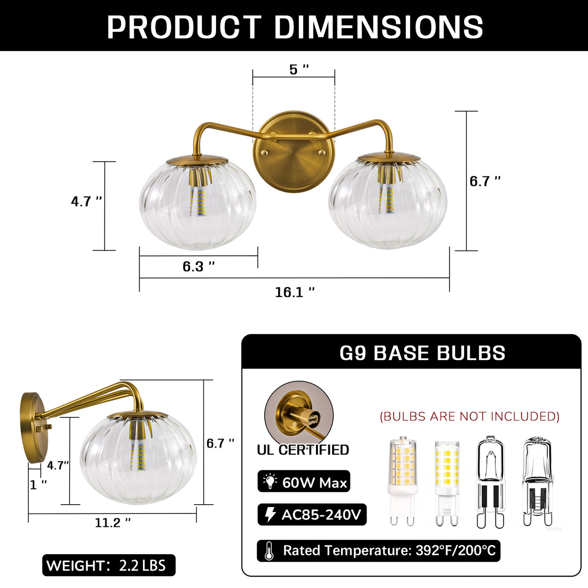 Contemporary Pumpkin Clear Glass Shades Bathroom Wall Sconce