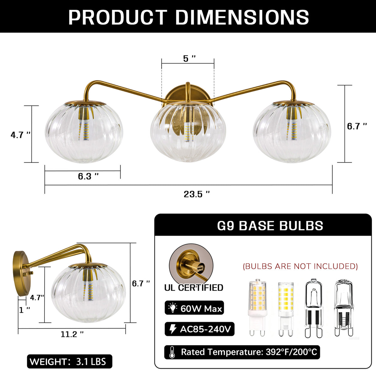 Contemporary Pumpkin Clear Glass Shades Bathroom Wall Sconce