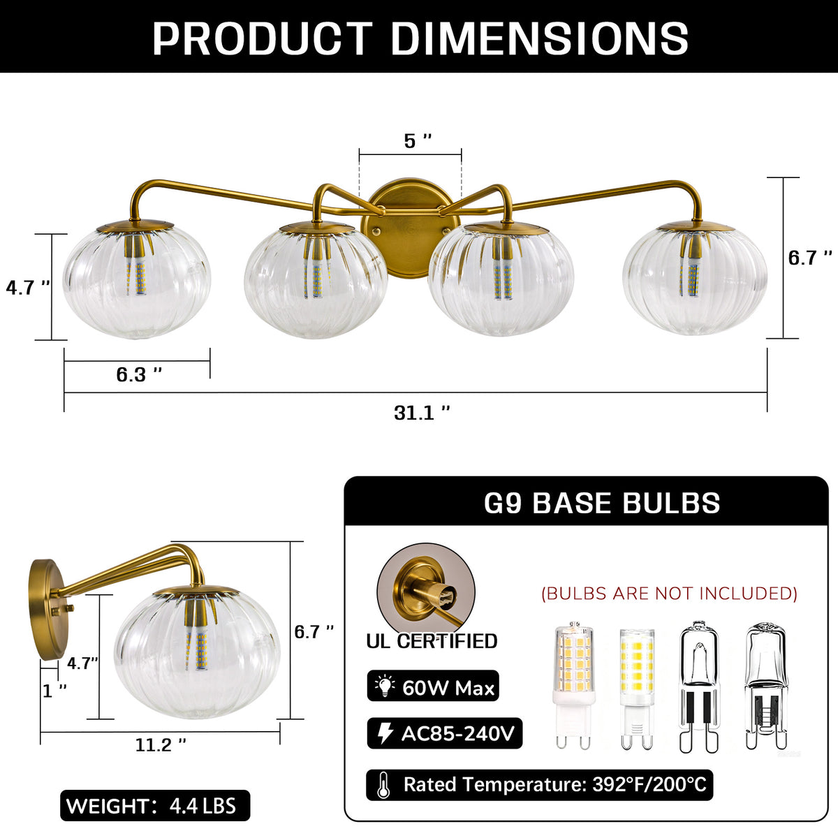 Contemporary Pumpkin Clear Glass Shades Bathroom Wall Sconce