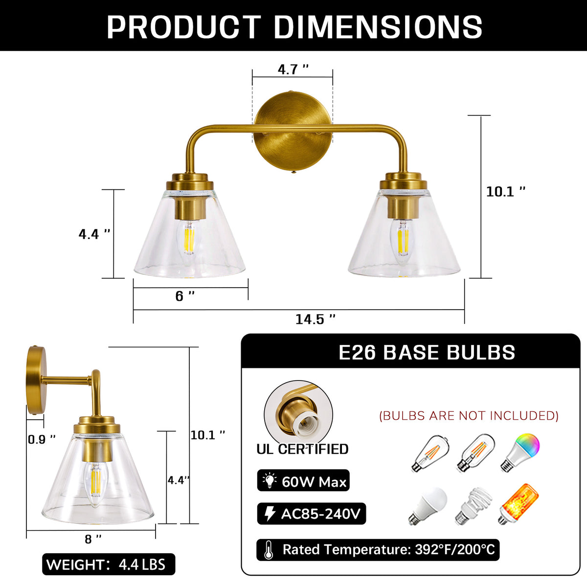 Modern Cone Clear Glass Shade Bathroom Wall Sconces
