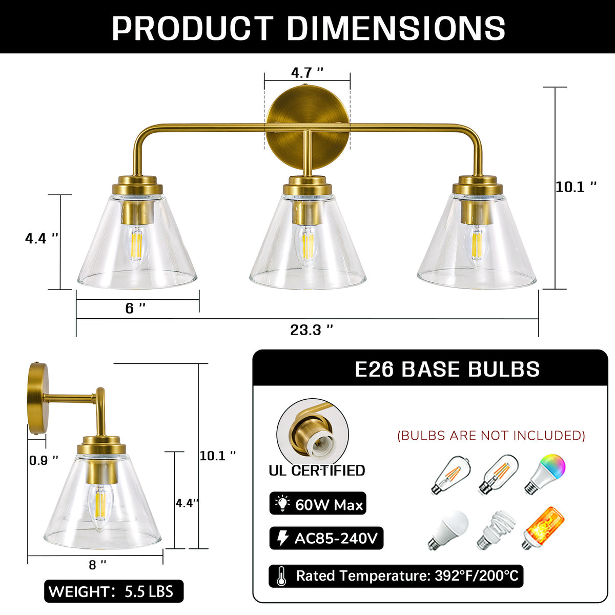 Modern Cone Clear Glass Shade Bathroom Wall Sconces