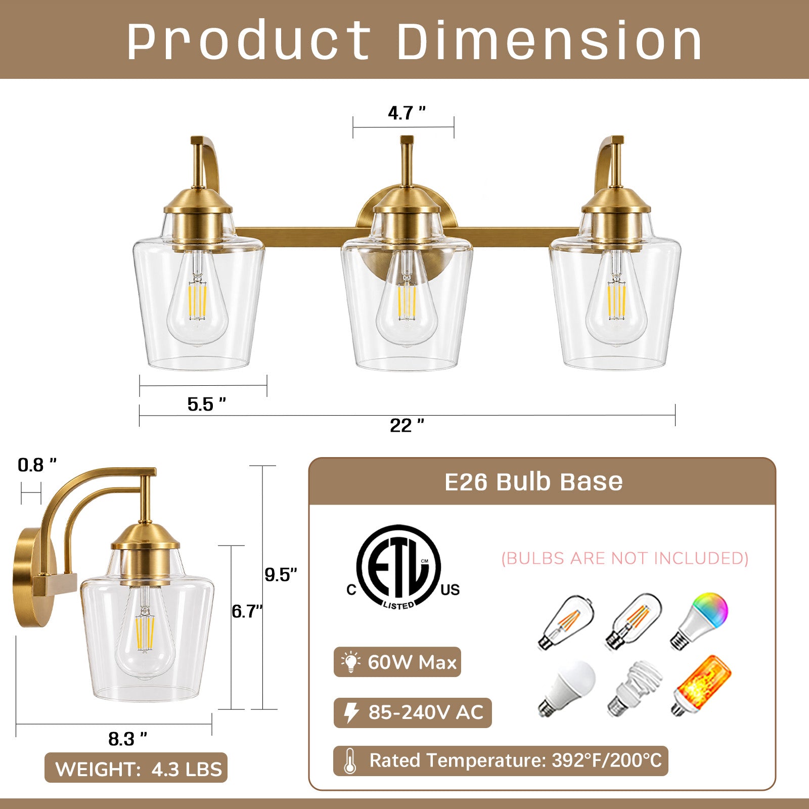 Contemporary Hand-Blown Tapered Glass Shades Bathroom Vanity Lights