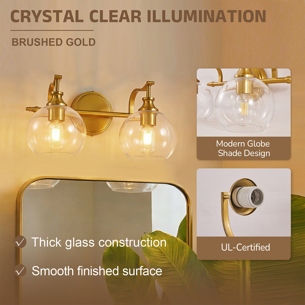 Modern Clear Globe Glass Shade Metal Crank Frame Bathroom Sconces