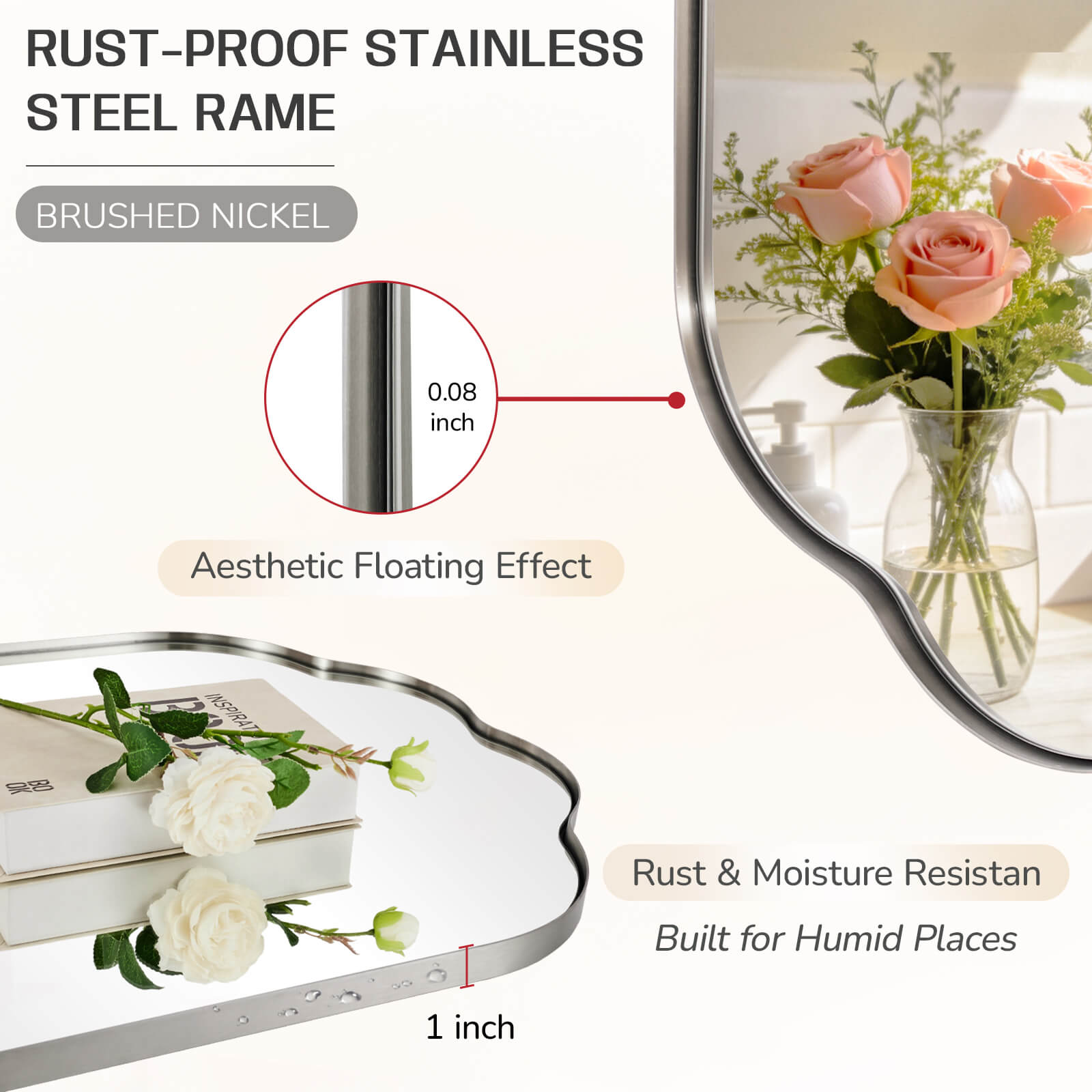 Contemporary Pill Shaped Long Oval Scalloped Bathroom Vanity Wall Mirror| Stainless Steel Framed