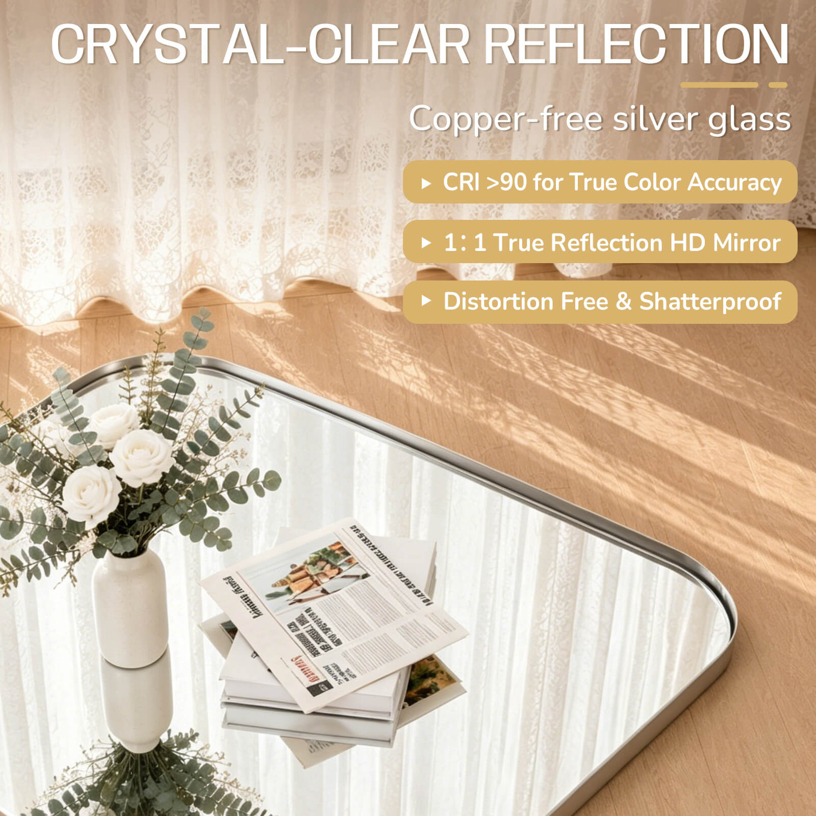 Modern Mantel Wide Arch Rectangle Bathroom Vanity  Mirror | Stainless Steel Frame