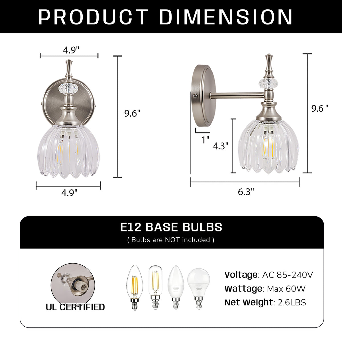 Contemporary Bathroom Vanity Light Fixtures with Tulip Glass Shade Sconces for Bath,Bedroom, Hallway