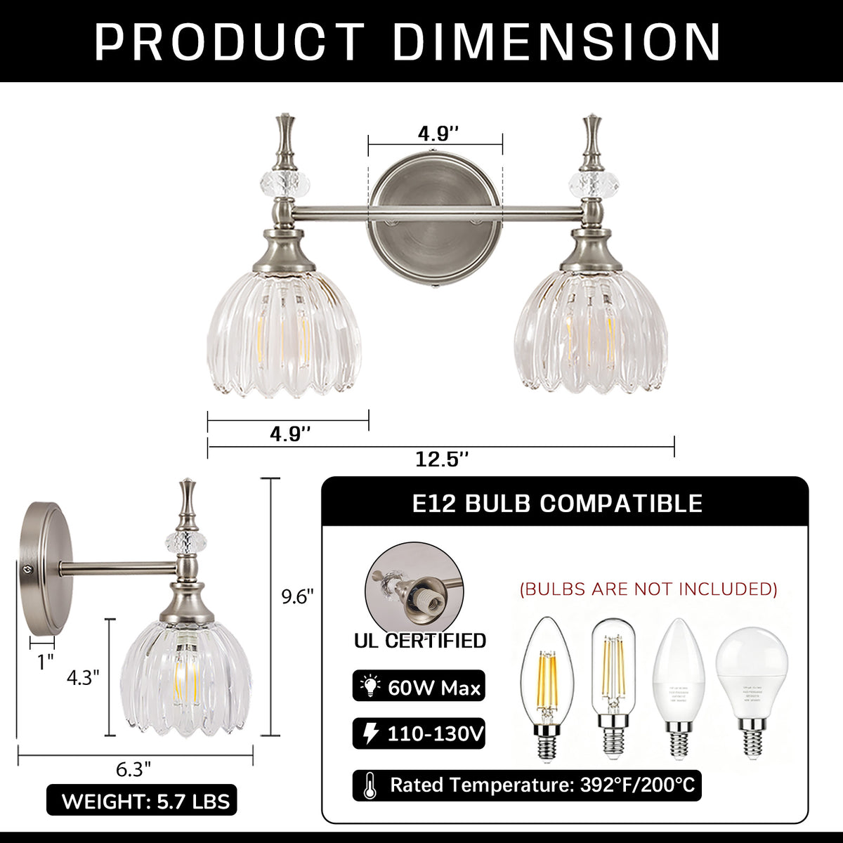 Contemporary Bathroom Vanity Light Fixtures with Tulip Glass Shade Sconces for Bath,Bedroom, Hallway