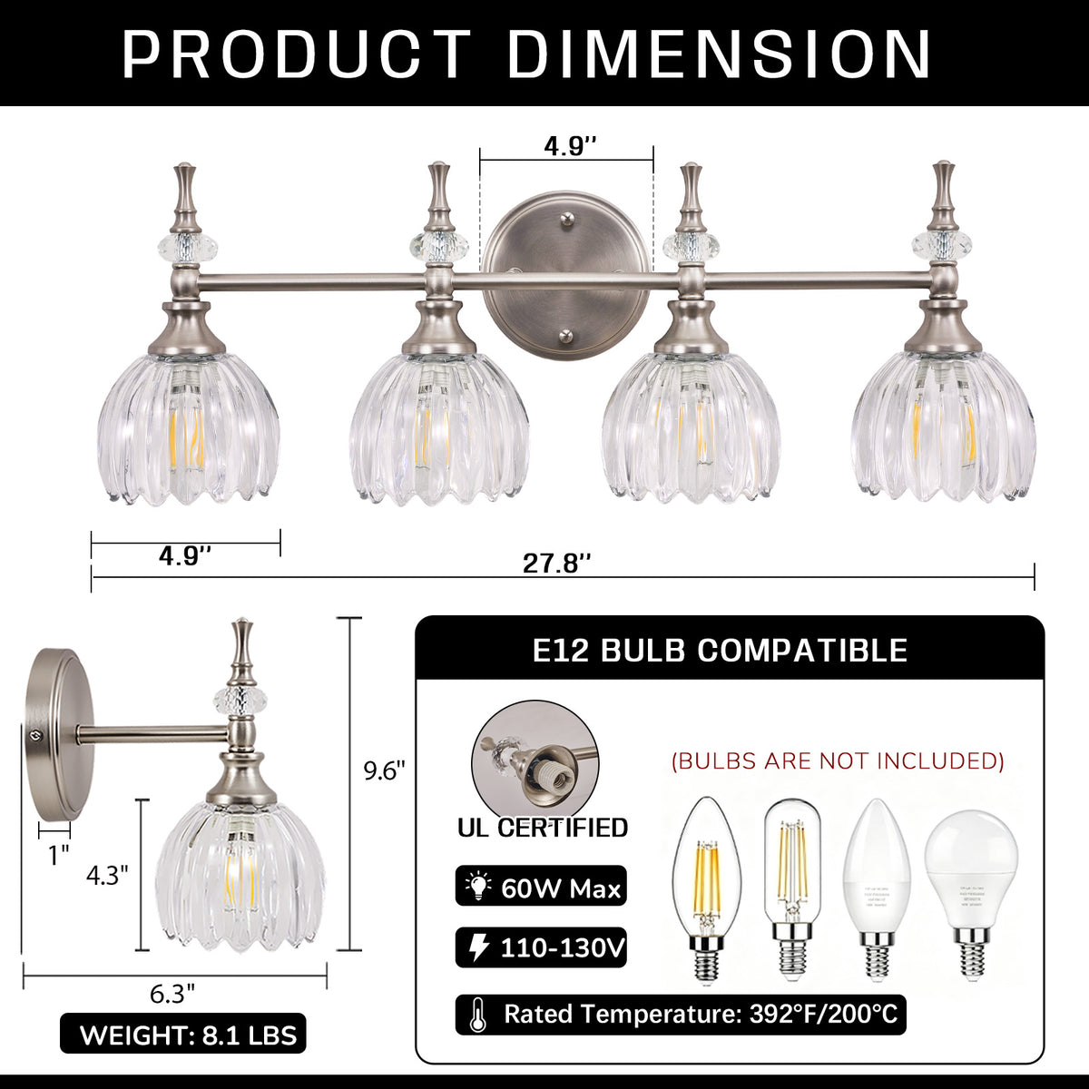 Contemporary Bathroom Vanity Light Fixtures with Tulip Glass Shade Sconces for Bath,Bedroom, Hallway