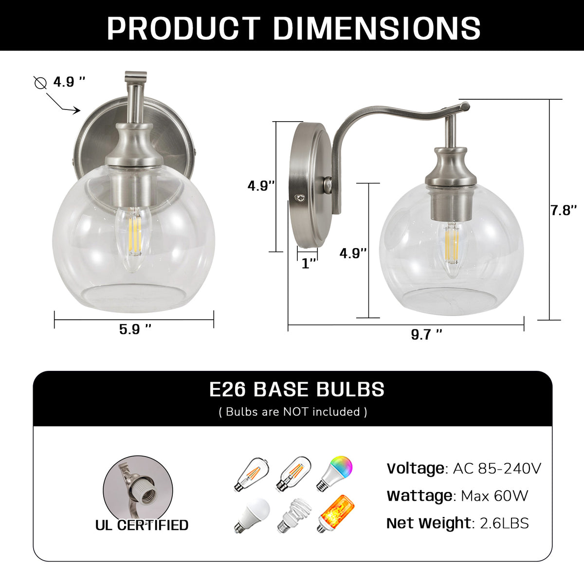 Modern Clear Globe Glass Shade Metal Crank Frame Bathroom Sconces