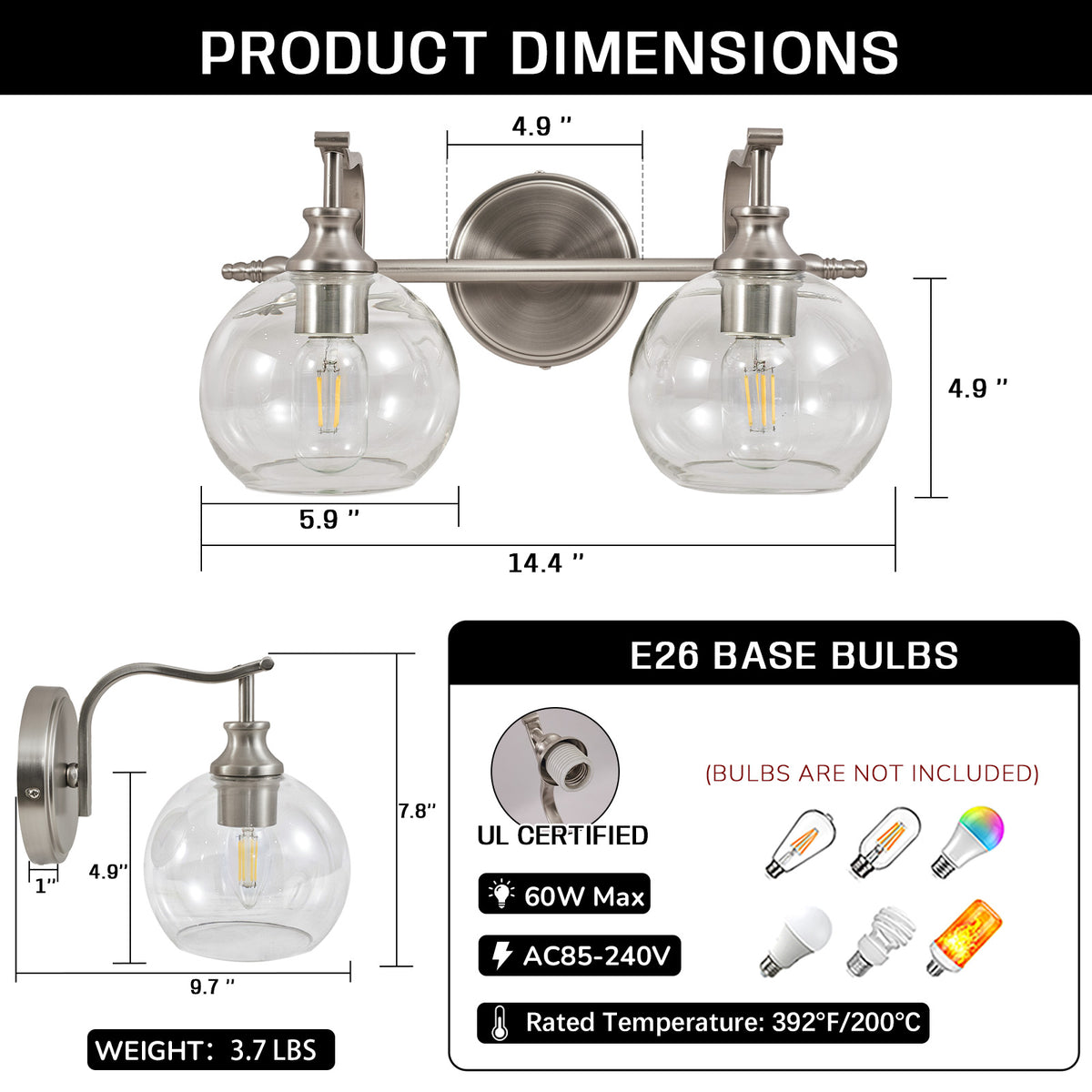 Modern Clear Globe Glass Shade Metal Crank Frame Bathroom Sconces
