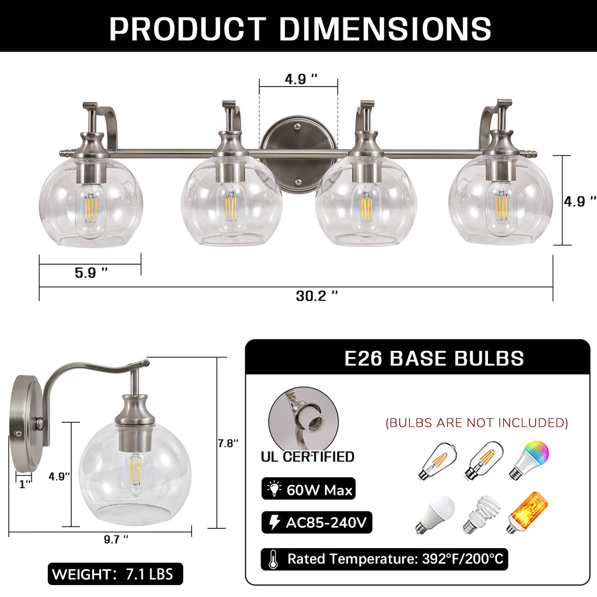 Modern Clear Globe Glass Shade Metal Crank Frame Bathroom Sconces