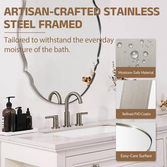 Contemporary Oval Scalloped Wall Mirror Irregular Bathroom Vanity Mirror| Stainless Steel Frame