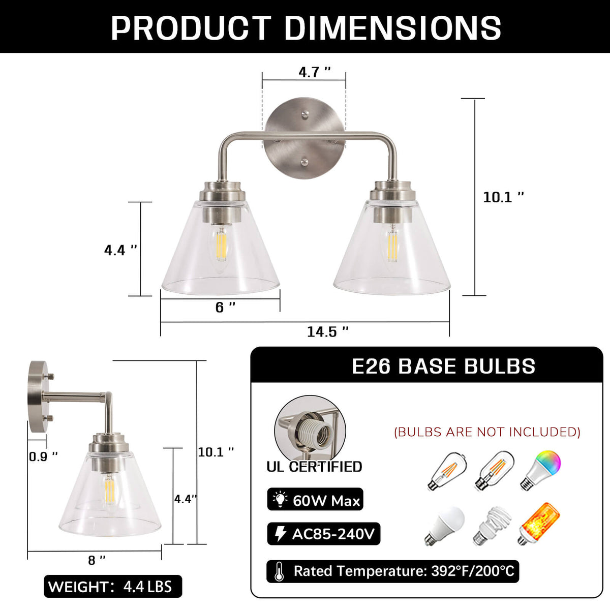 Modern Clear Cone Glass Shade Bathroom Vanity Light