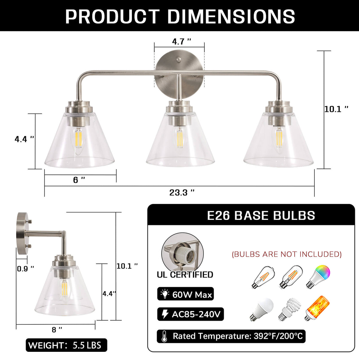 Modern Clear Cone Glass Shade Bathroom Vanity Light