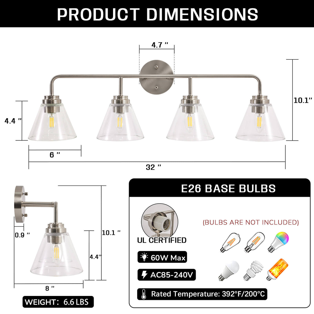 Modern Clear Cone Glass Shade Bathroom Vanity Light