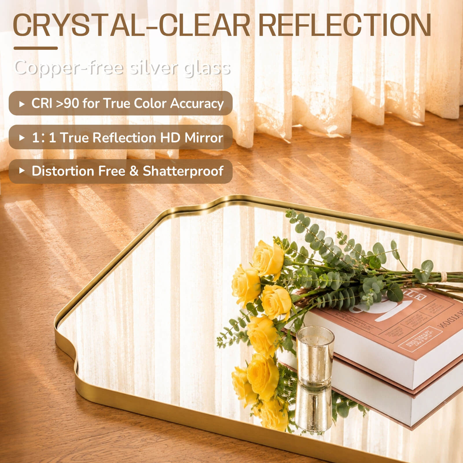 Modern Top Notched Corner Scalloped Bathroom Rectangle Vanity Wall Mirror | Stainless Steel Frame