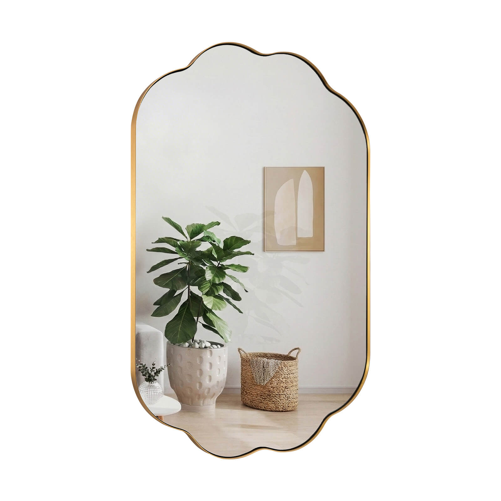 Contemporary Pill Shaped Long Oval Scalloped Bathroom Vanity Wall Mirror| Stainless Steel Framed