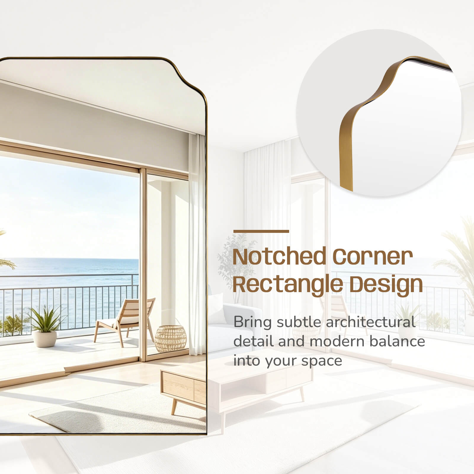 Modern Top Notched Corner Scalloped Bathroom Rectangle Vanity Wall Mirror | Stainless Steel Frame
