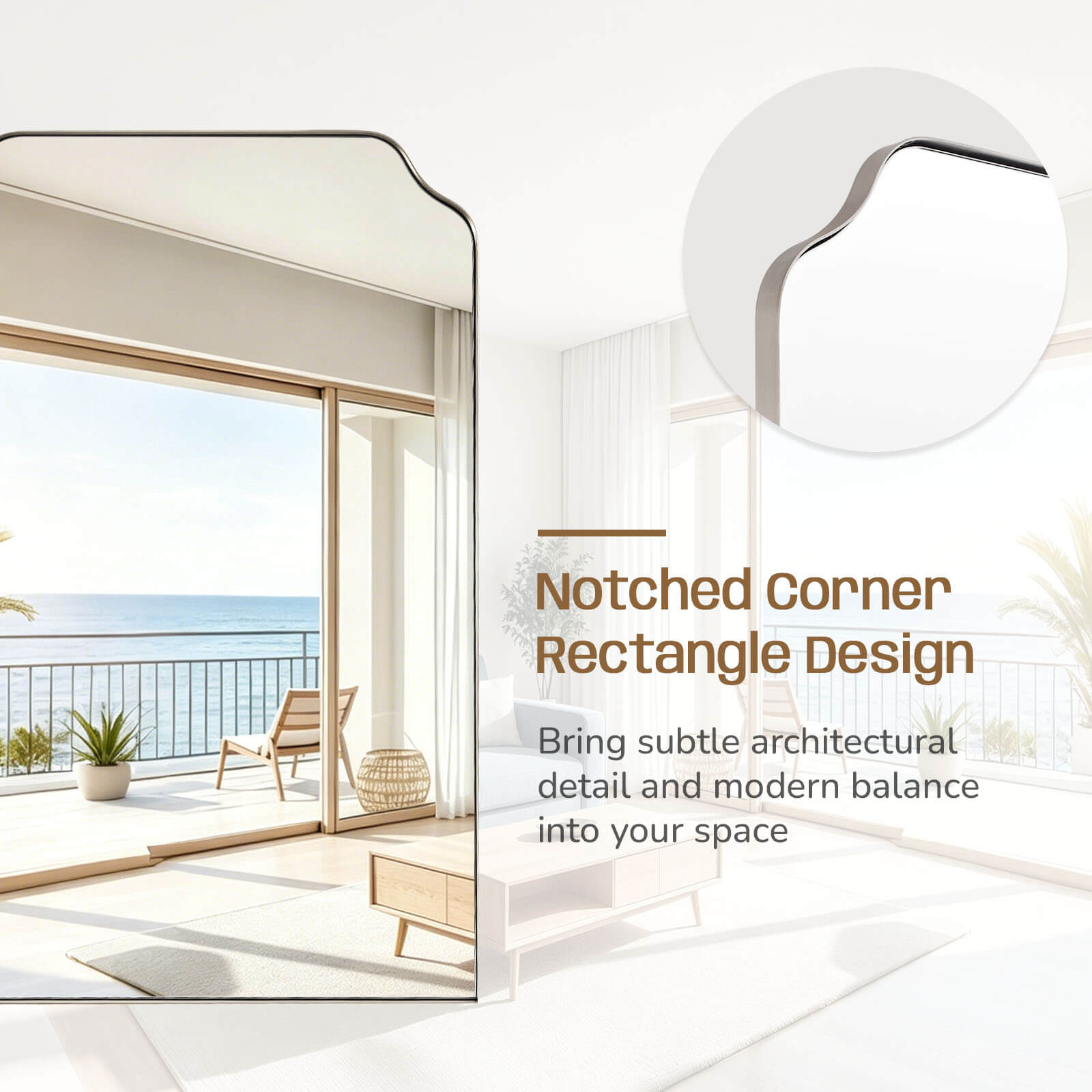 Modern Top Notched Corner Scalloped Bathroom Rectangle Vanity Wall Mirror | Stainless Steel Frame