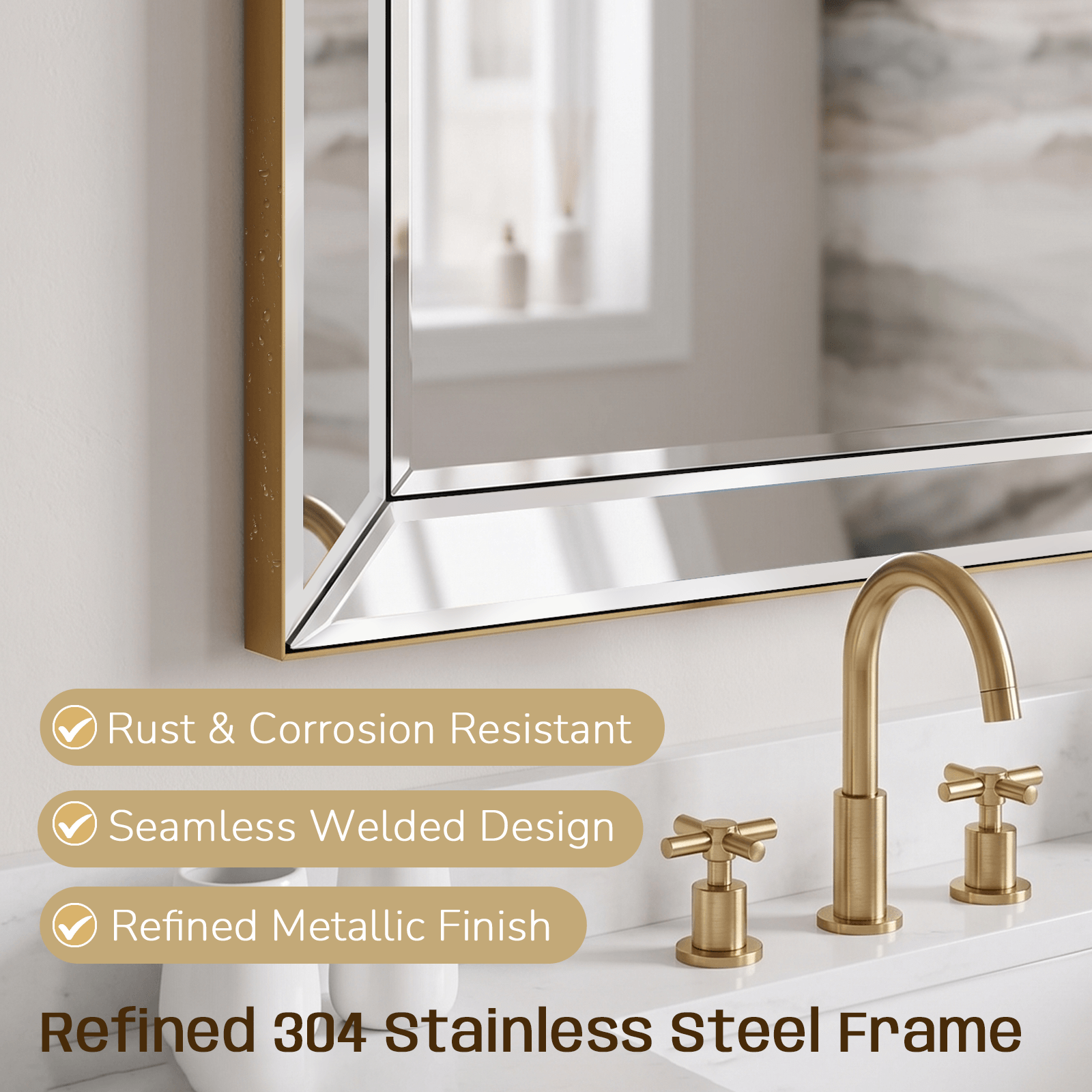 Contemporary Beveled Edge Rectangle Bathroom Vanity Mirror | Stainless Steel Frame
