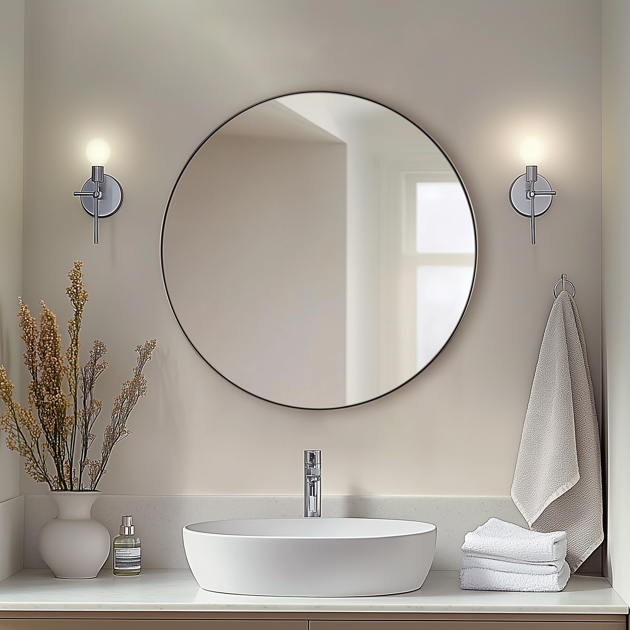 Contemporary Round Mirror for Bathroom | Stainless Steel Frame