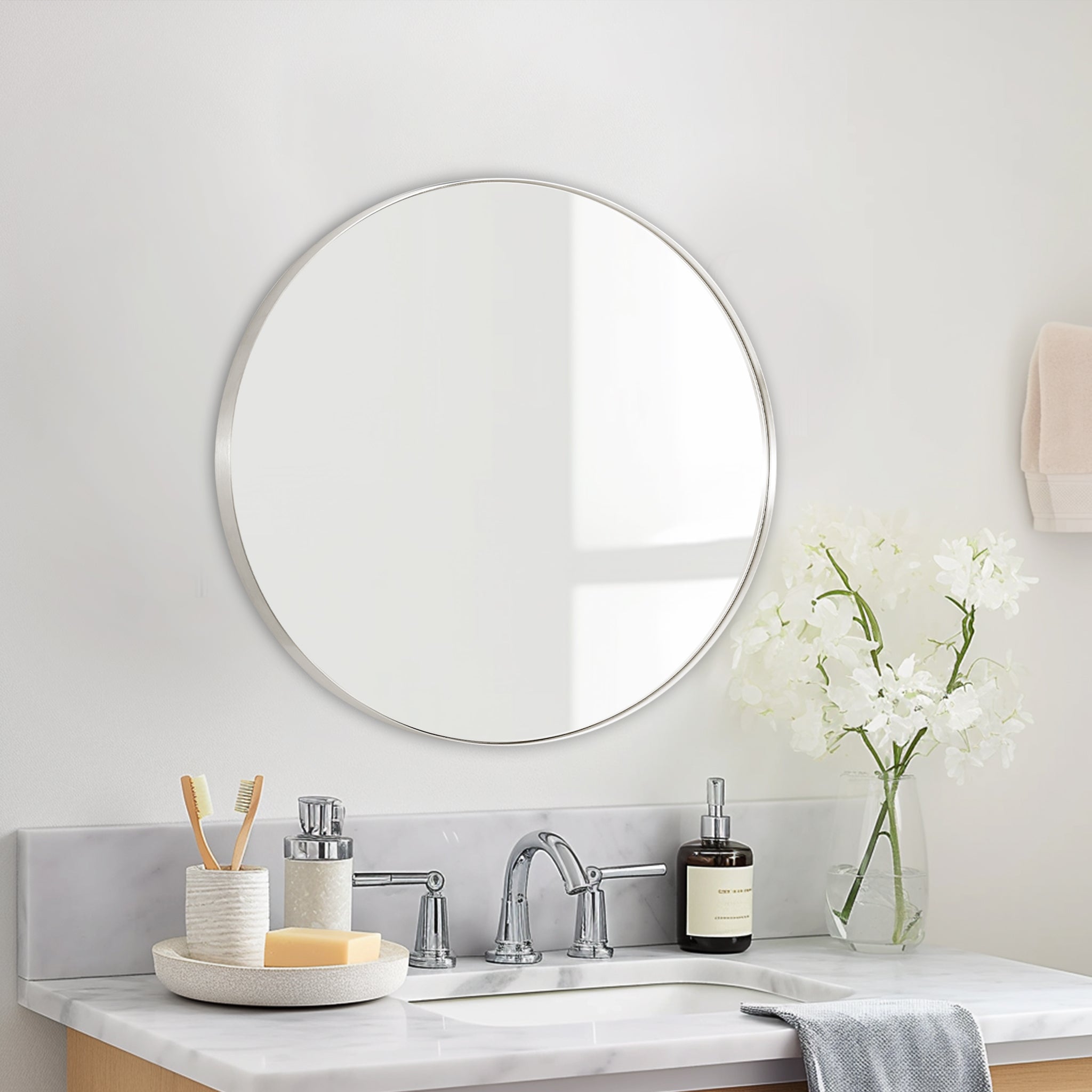 Contemporary Round Mirror for Bathroom | Stainless Steel Frame