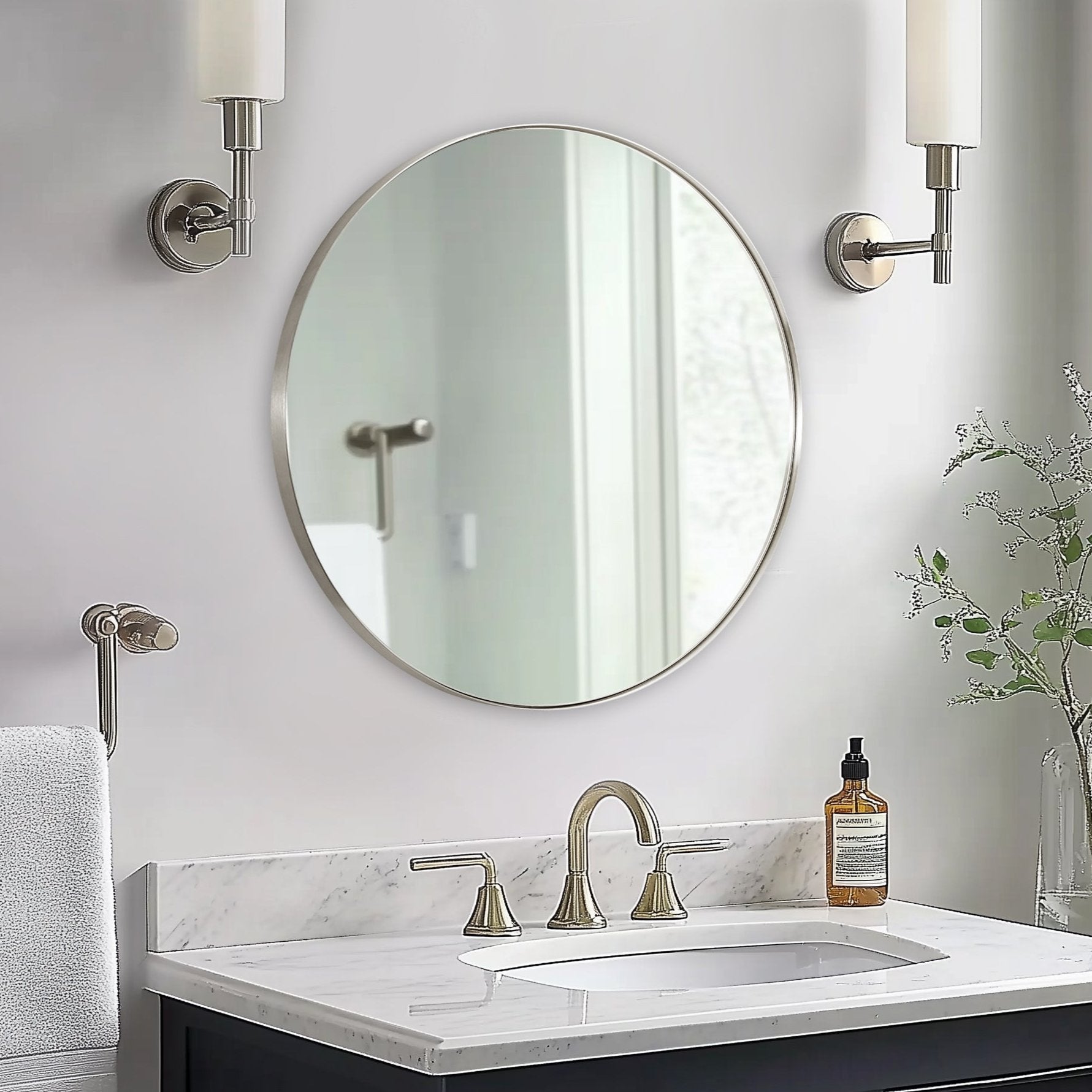 Contemporary Round Mirror for Bathroom | Stainless Steel Frame