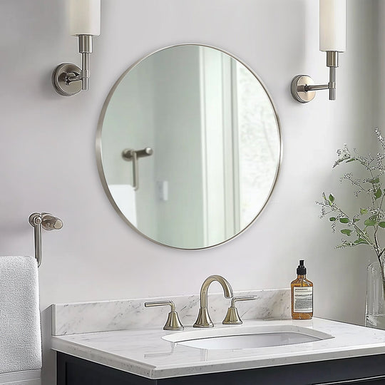 Contemporary Round Mirror for Bathroom | Stainless Steel Frame