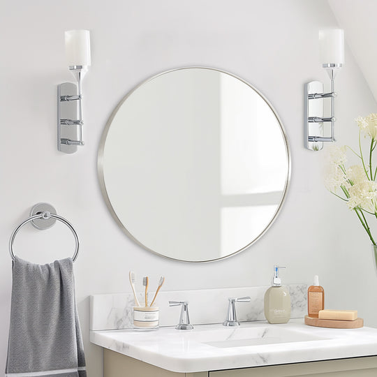 Contemporary Round Mirror for Bathroom | Stainless Steel Frame