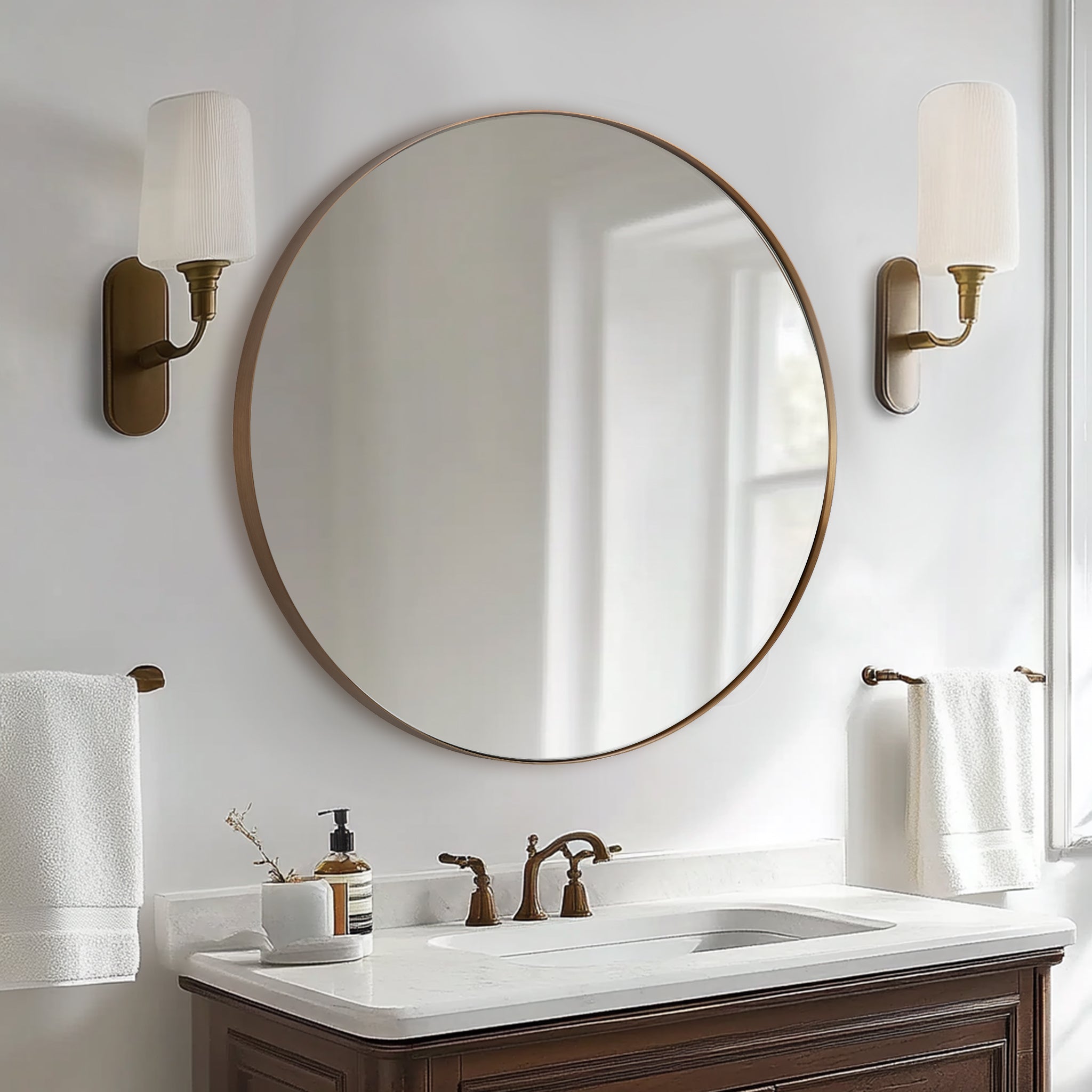 Contemporary Round Mirror for Bathroom | Stainless Steel Frame