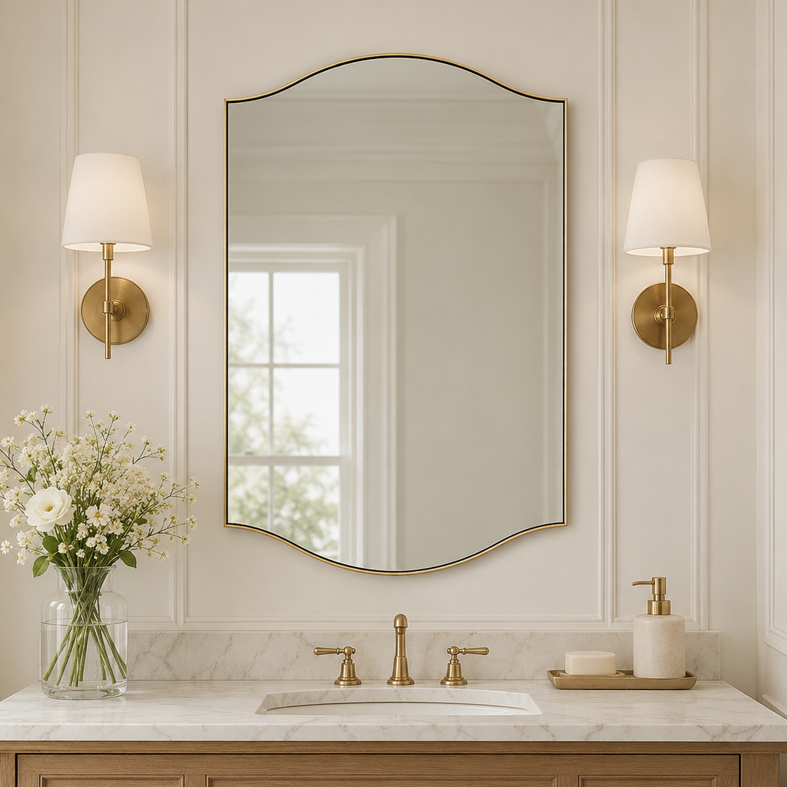 Dual Curve Arch Rectangular Scalloped  Bathroom Wall Mirror |Stainless Steel Framed