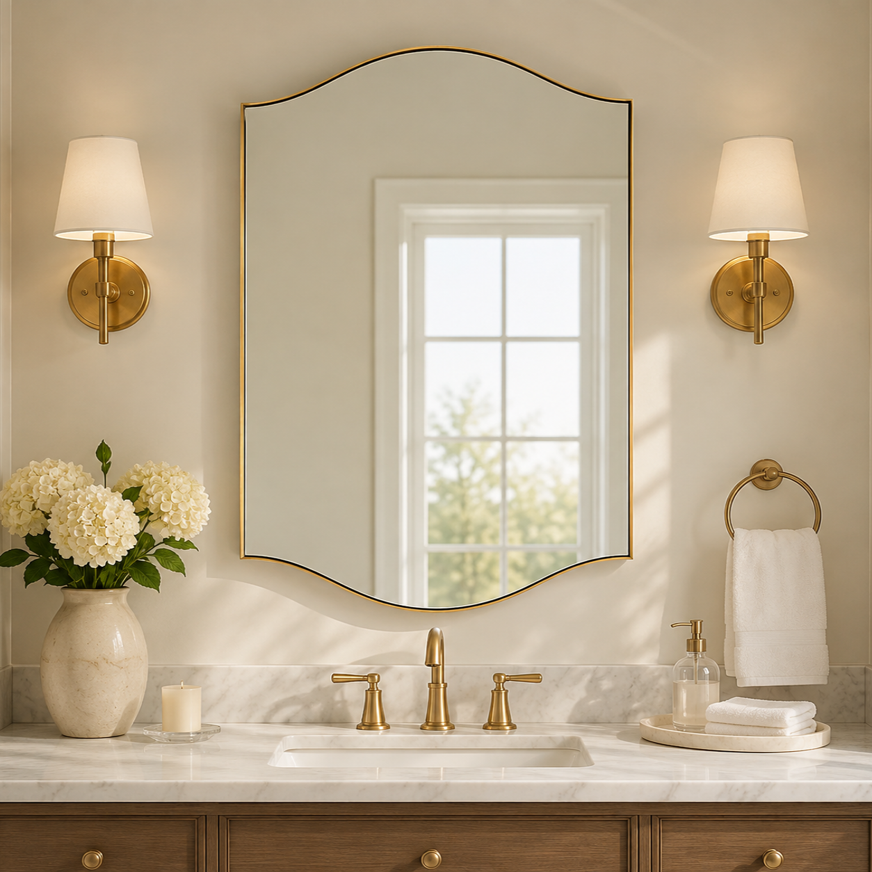 Dual Curve Arch Rectangular Scalloped  Bathroom Wall Mirror |Stainless Steel Framed