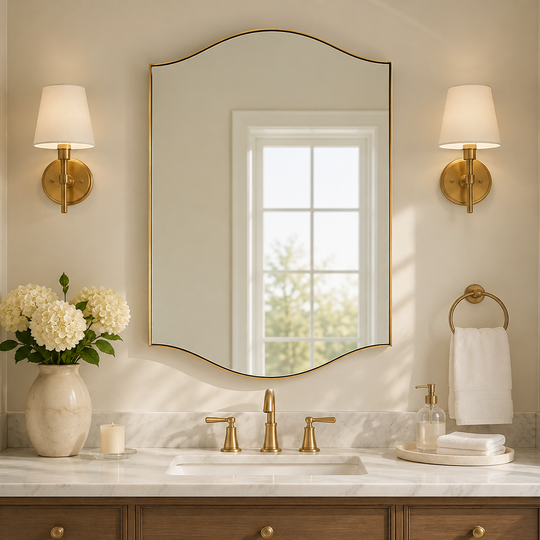 Dual Curve Arch Rectangular Scalloped  Bathroom Wall Mirror |Stainless Steel Framed